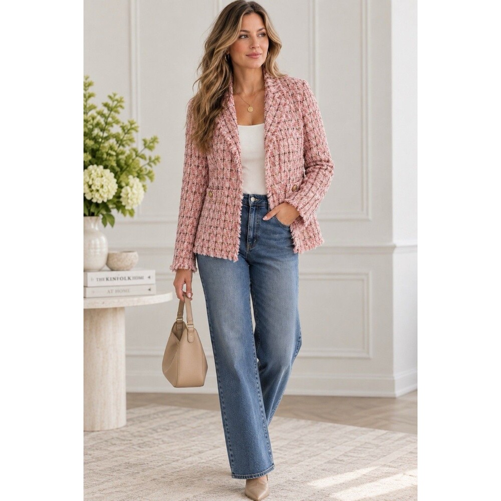 Torrid New Pink Tweed Open Fringe Blazer Jacket 1 L 12/14